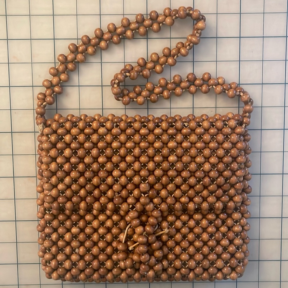 Vintage Handmade Wooden Beaded Small Purse Bag Brown Japan